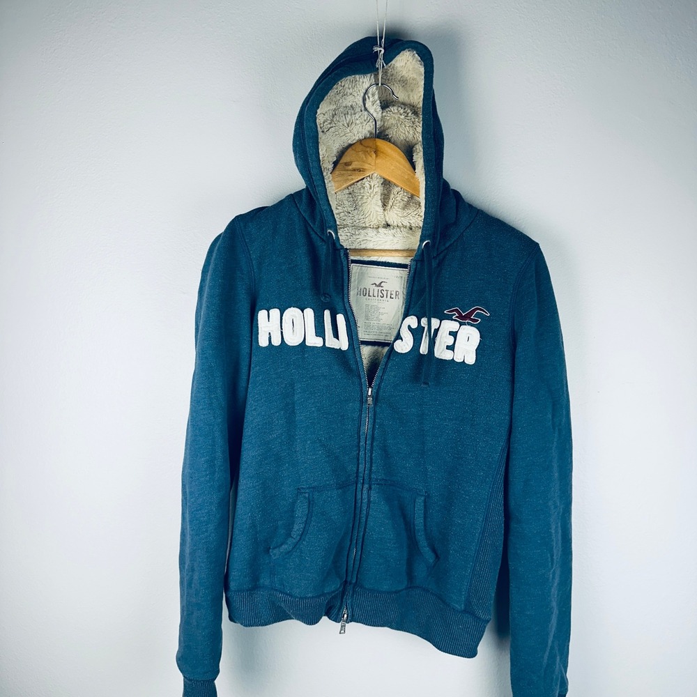 Vintage Hollister Hoodie Large Sherpa Lined Blue Fleece Y2K Logo Full Zip
